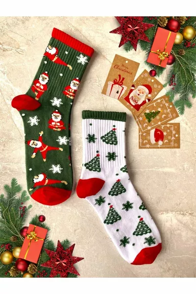 2-Pack Christmas Tree Santa Claus Christmas Patterned Gift Card Set Unisex Cotton Tennis College Socks