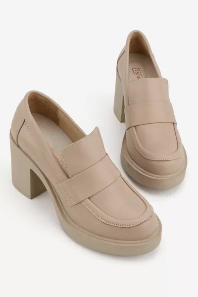 نسائي بيج جلد طبيعي الكعب أحذية المتسكع