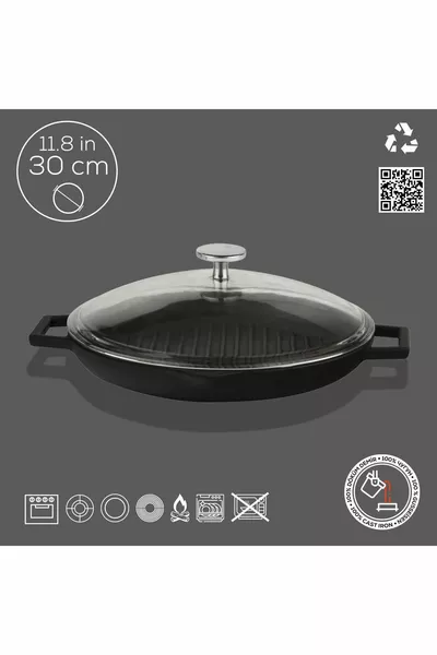 Gietijzeren ronde grillpan met glazen deksel Gietijzeren monolithische dubbele handgreep Diameter(Ø)cm.
