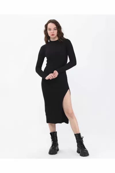 Noir demi-pêcheur un côté robe à manches longues avec fente 