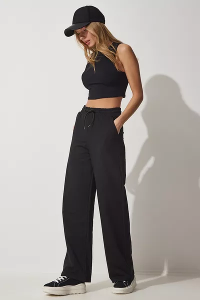 Pantalon de survêtement noir en tricot large pour femme 