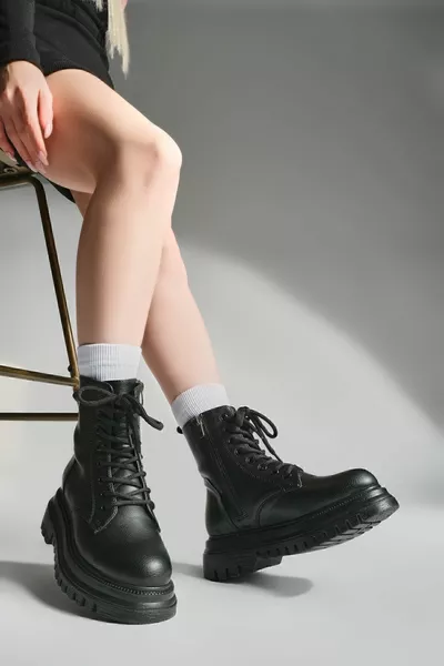 Dames Dikke Zool Rits Lace-Up Postal Boots Vesin Black