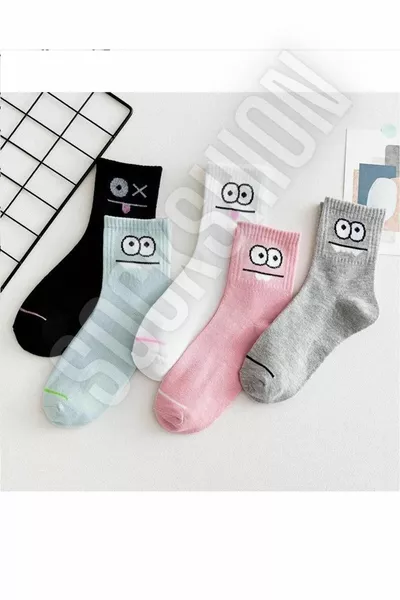 5 Pairs of Character Patterned College Socks Set - A Fun Touch to Your Style