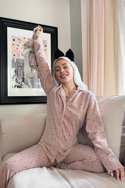 القهوة نمط القلب زر أمامي أفخم الصوف بيجامة مجموعة