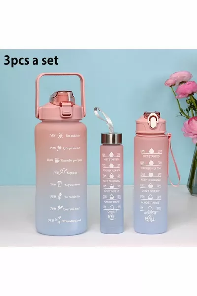 Motivierendes 3er-Set Wasserflasche 2 lt+ ml+ ml Tritan Gym Trinker