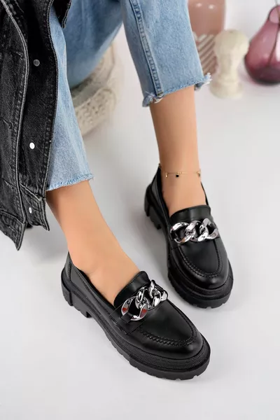 Chaîne noire femme Mocassins à semelle épaisse Mocassins Chaîne platine