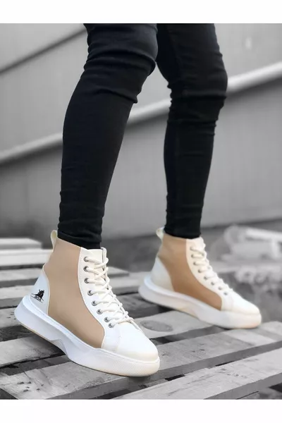  الرباط متابعة الرجال عالية النعل الأبيض كريم الأحذية الرياضية وحيد