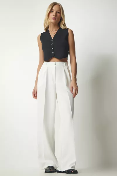 بنطلون بالازو أبيض جيب نسائي 