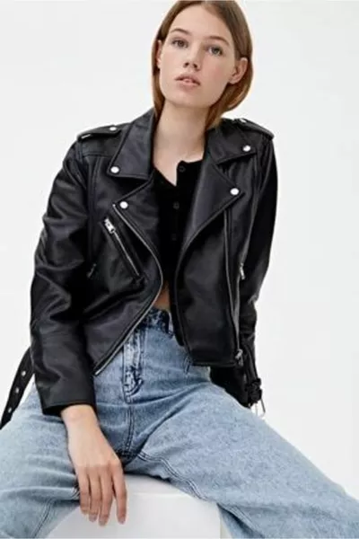 المرأة الأسود الأكمام مفصلة فو الجلود سترة