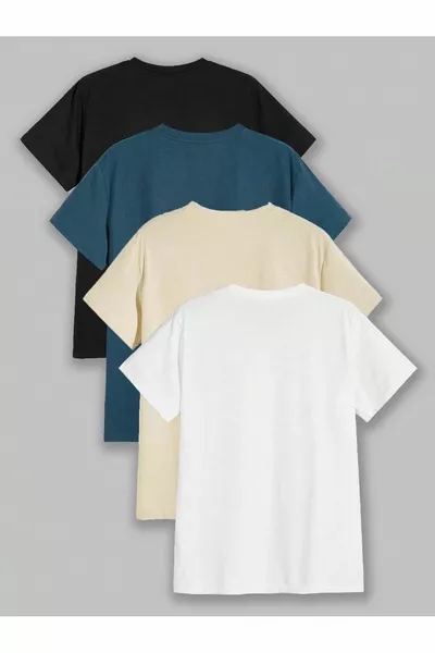 تي شيرت بيسك سليمفيت للرجال باللون البيج الأسود الأزرق الداكن والأبيض