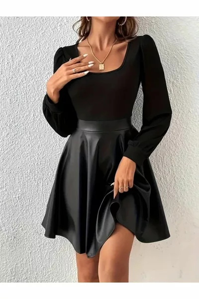 Women's Long Sleeve Top Viscose Bottom Flared Leather Dress