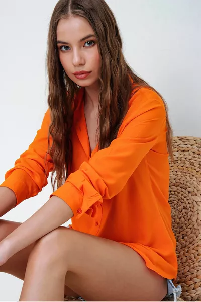 Women's Orange Basic Woven Shirt 