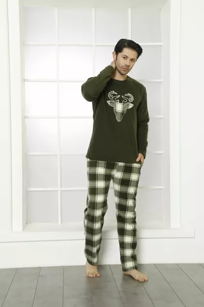 الرجال منقوشة ومربعة منقوشة طويلة الأكمام الصوف النسيج الشتاء مجموعة بيجامة دافئة