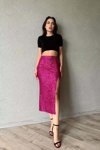 فوشيا الترتر سستة شق تنورة ميدي مفصلة