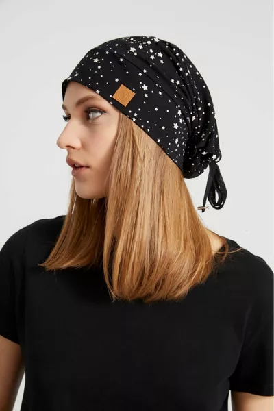 Donna Nero Bianco Stella Fantasia Corda Dettagliato 4 Stagioni Cappello Berretto Buff Ultra Morbido Naturale Tessuto Pettinato