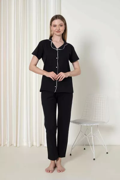 المرأة السوداء زر الجبهة كم قصير ستة طويلة تمشيط النسيج الصيف بيجامة مجموعة