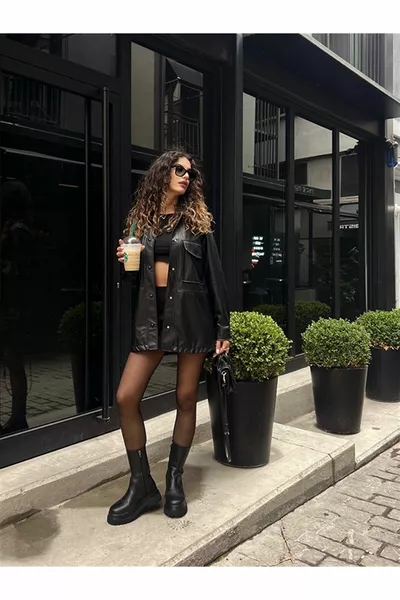 حذاء مورغان أسود غير لامع نعل سميك للنساء