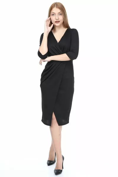 Zwarte geplooide jurk van Mila-stof met dubbele rij knopen voor dames