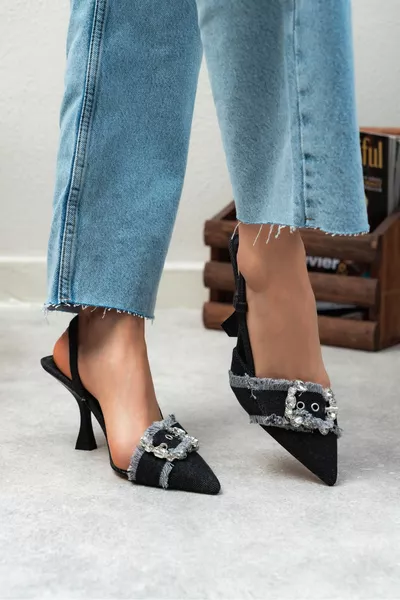 أنجالي أنثراسايت الدينيم حزام تفاصيل كعب نسائي