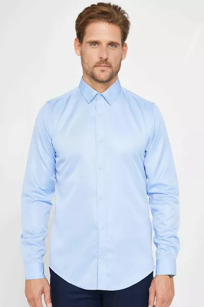 Coupe ajustée manches longues facile repasser absorbant la transpiration respirant texture porte-cravate toutes les saisons bleu chemise pour homme