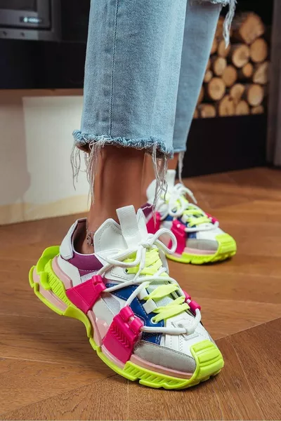 Oslo Neon Green Fuchsia Matte Lace Up Gedetailleerde Dikke Zool Dames Sneakers