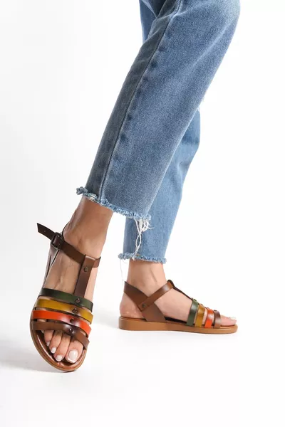 Естествена кожа Trapeza Tan Garni Регулируеми сандали с плоска подметка с презрамки