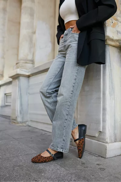 RIVAS BALLERINE DA DONNA IN PELLE LEOPARDATA NERA