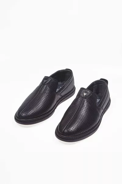 Veneto Black Genuine Leather Perforated Loafer Men's Shoes