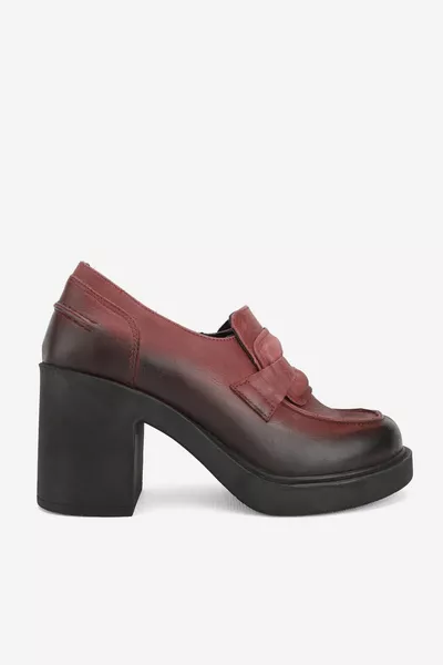 نسائي بورجوندي جلد طبيعي طبيعي مقاس  أحذية Loafer عالية الكعب