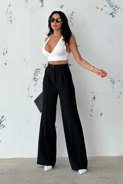 Pantalon palazzo en tissu plissé noir
