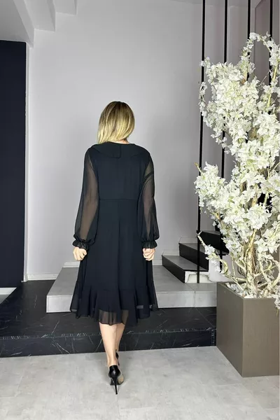  مزدوج الصدر طوق كشكش مفصلة الشيفون اللباس الأسود