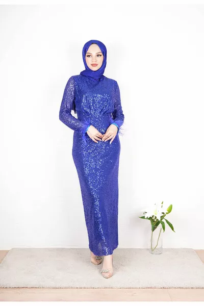 SEQUIN SEQUIN EVENING DRESSES WITH FEATHERED SLEEVES