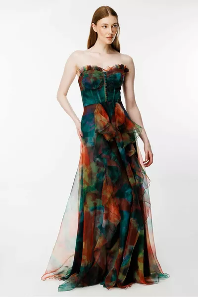 Вечернее платье без бретелек с юбкой с воланами - ЗЕЛЕНЫЙ