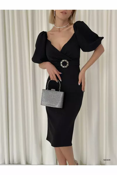 Belted Double-breasted Collar Balloon Sleeve Pencil Dress Evening Dress