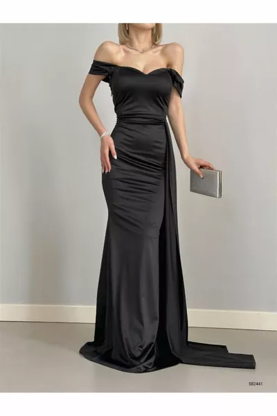 Wakka Tailed Satin Evening Dresses  BLACK