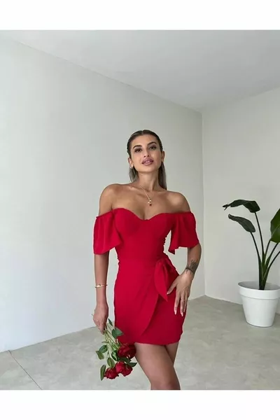 Мини коктейл покана рокля с листа ръкав фронт вратовръзка гърдите подложка