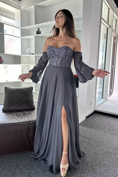 Sleeve And Chest Detail Stylish Chiffon Design Evening Dress