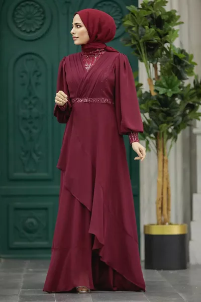 Hijab-Abendkleid - Burgunderrotes Hijab-Abendkleid mit Perlendetail BR