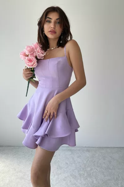 Регулируемая юбка на тонких бретелях Складка Сиреневое вечернее платье и сиреневое выпускное платье 