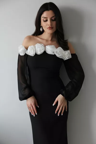 Julidress Черное Без бретелек Белая Роза Детализированный Воротник Рукава Прозрачное Премиум Миди Платье Премиум