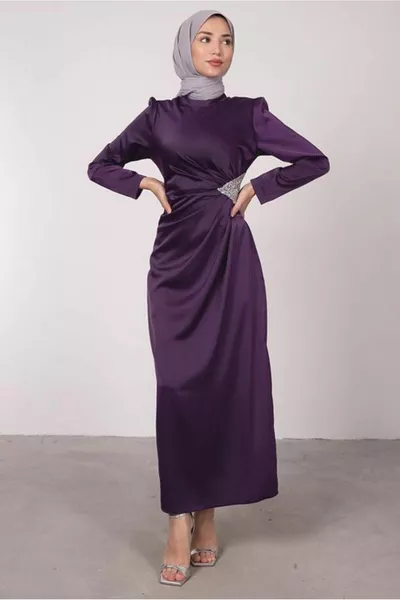 Robe de soirée plissée détaillée imprimée de pierres violettes pour femmes T 