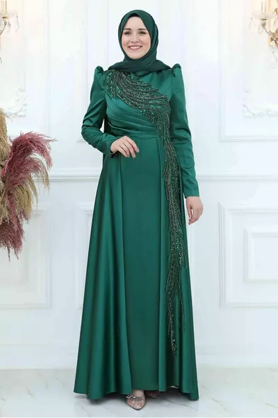 فستان سهرة نسائي أخضر (زمردي) مطرز بالترتر T 