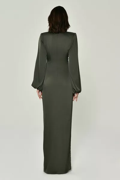 Dames Lange Mouw Diepe V-hals Satijnen Lange Groene Avondjurk Afstudeerjurk met split aan de voorkant