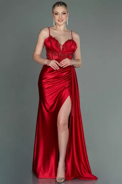 Red Leg Low-Cut Underwire Corset Long Satin Evening Dress 