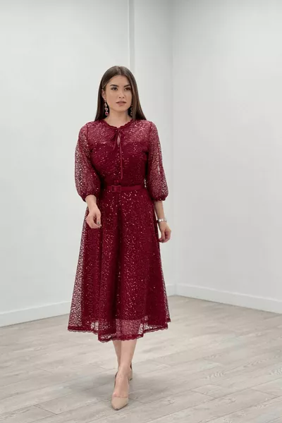 Full Lace Sequin Fabric Midi Evening Dress - Burgundy