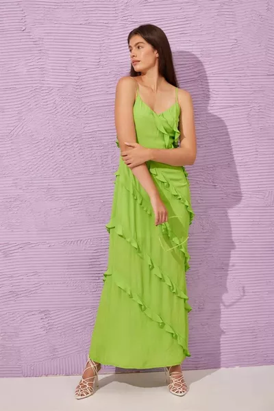 Pistachio Green Strappy Ruffle Detailed Dress
