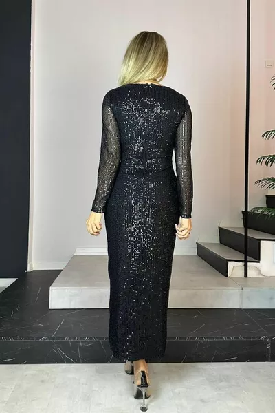  مزدوج الصدر طوق الترتر تصميم اللباس الأسود