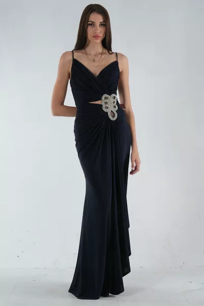 Dünnes Abendkleid mit hängender Steinverarbeitung mit detailliertem Schlitz Marineblau 