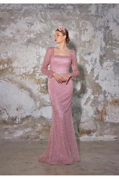 Kare Yaka Uzun Kol Taş İşlemeli Balık Model Abiye Elbise