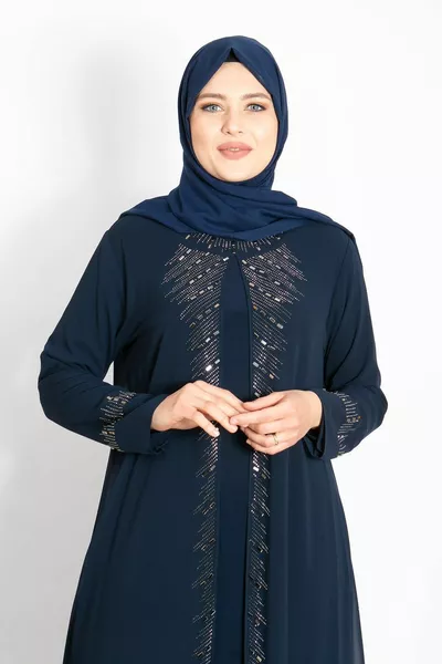 Steinbesticktes Abendkleid mit Details Marineblau 